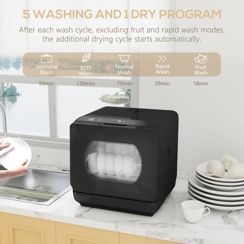 Compact Mini Countertop Dishwasher with 6L Water Tank 6 Programs 4 Place Settings Black