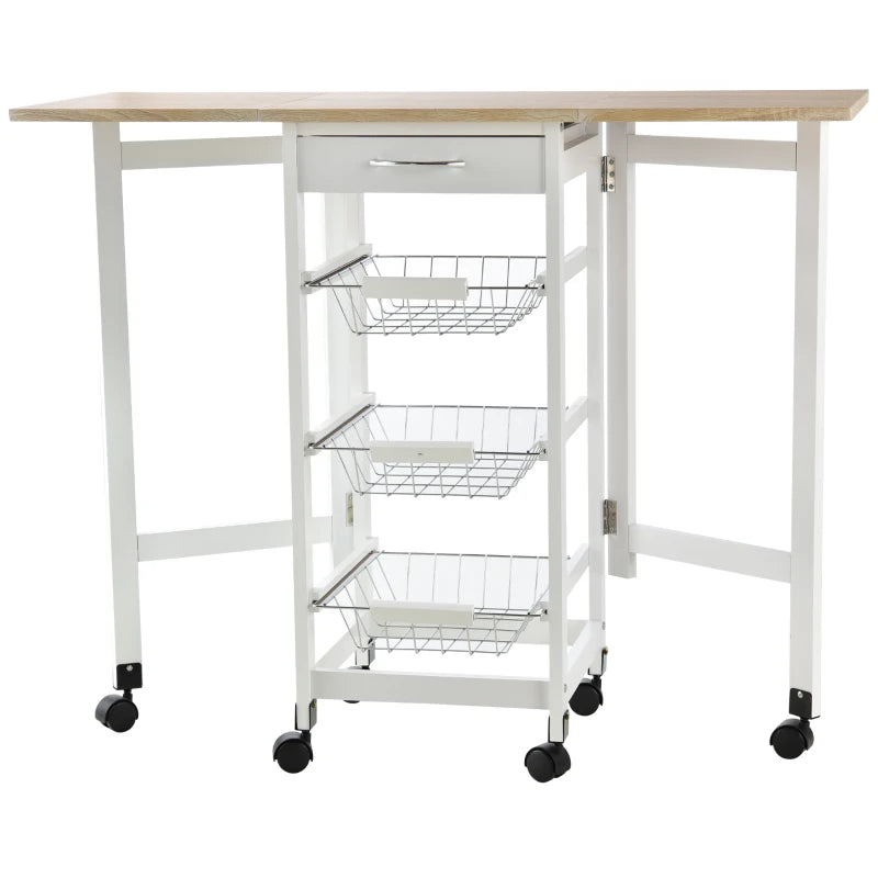 Drop-Leaf Kitchen Cart Trolley with 3 Baskets & Drawer - Rolling Storage Unit on 6 Wheels - White Oak Tone