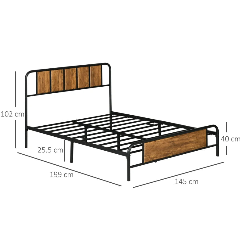 4.8ft Double Bed Frame with Industrial Wood Headboard & Steel Slat Support, 25.5cm Underbed Storage, Rustic Brown, 145x199cm
