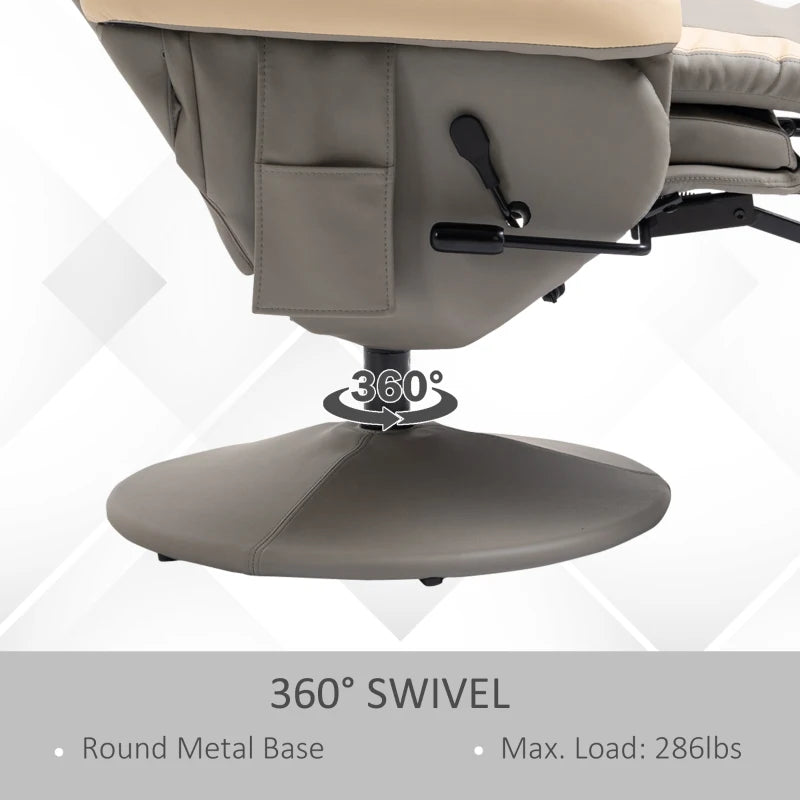 Grey PU Leather Manual Recliner Armchair with Adjustable Leg Rest and 360° Swivel Function