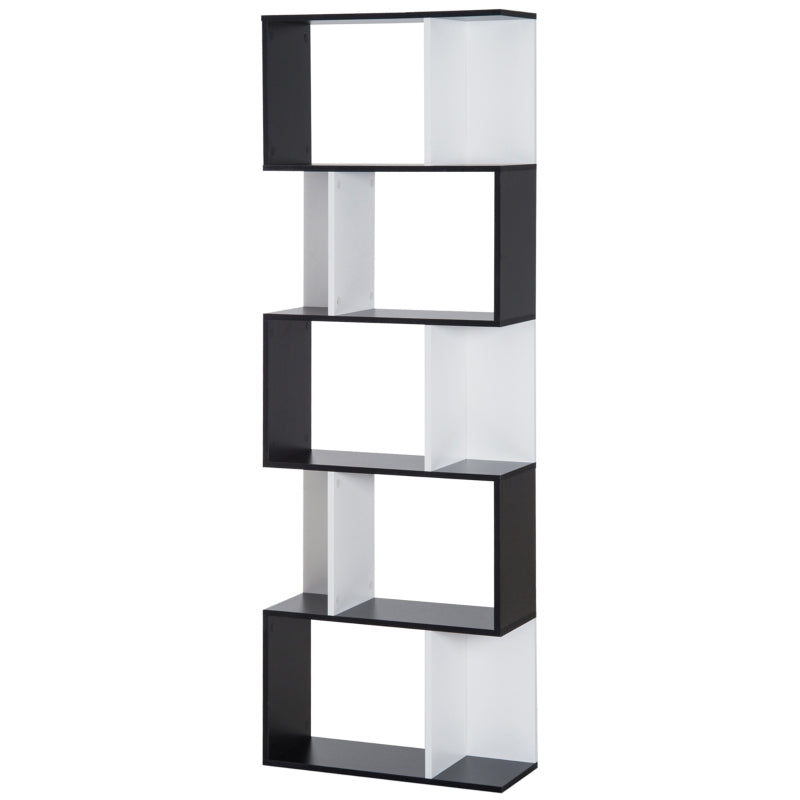 S-Shaped Wooden Bookcase - 5/6 Tier Freestanding Storage Shelf for Home Office - Black & White Decorative Display Rack