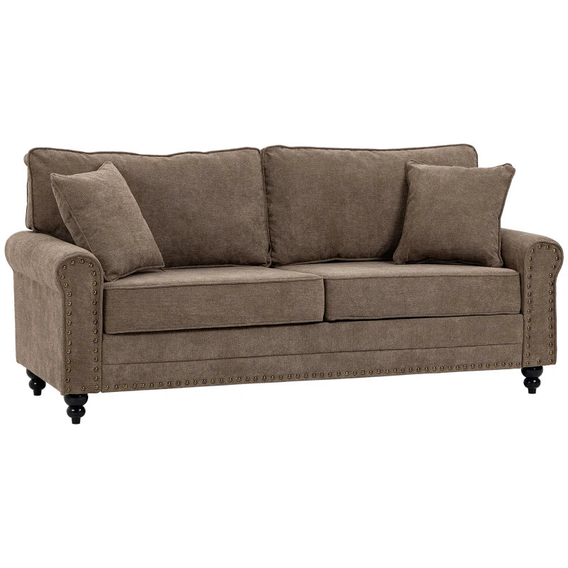 Stylish 3 Seater Fabric Sofa with Rubber Wood Legs and Extra Cushions for Living Room, Brown, 196W x 80.5D x 89H cm