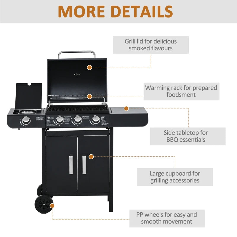 3-Burner Gas BBQ Grill with Side Burner and Storage Cabinet - Black