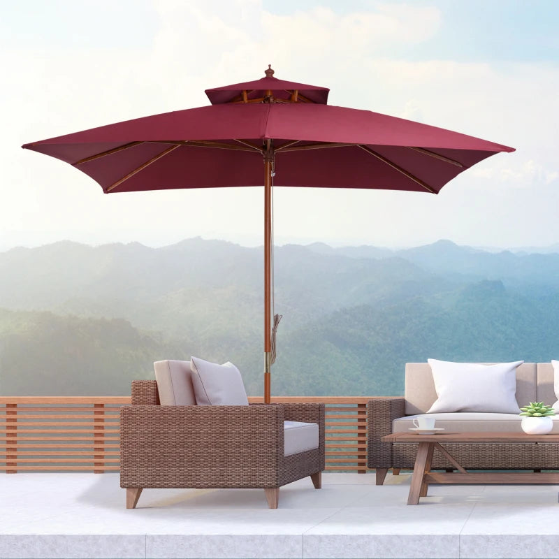 Double Tier Wine Red Wooden Garden Parasol Umbrella