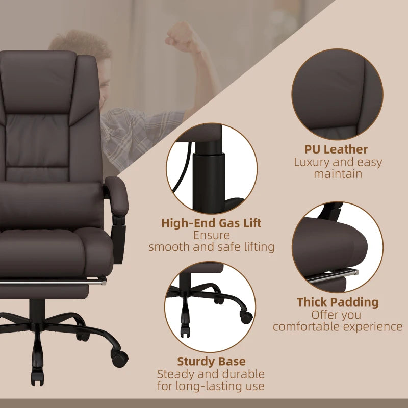Vinsetto 6-Point Massage Office Chair - Adjustable PU Leather Desk Chair with Footrest for Home Office, Brown