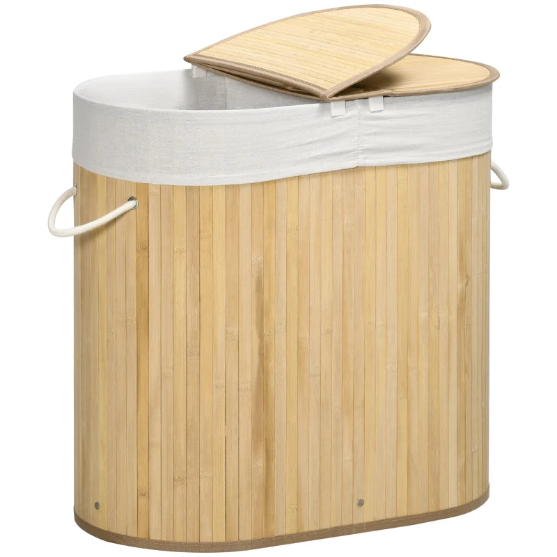 Natural Bamboo Laundry Basket with Lid - 100L Hamper, 2 Sections, Removable Washable Lining, 62.5x37x60.5cm