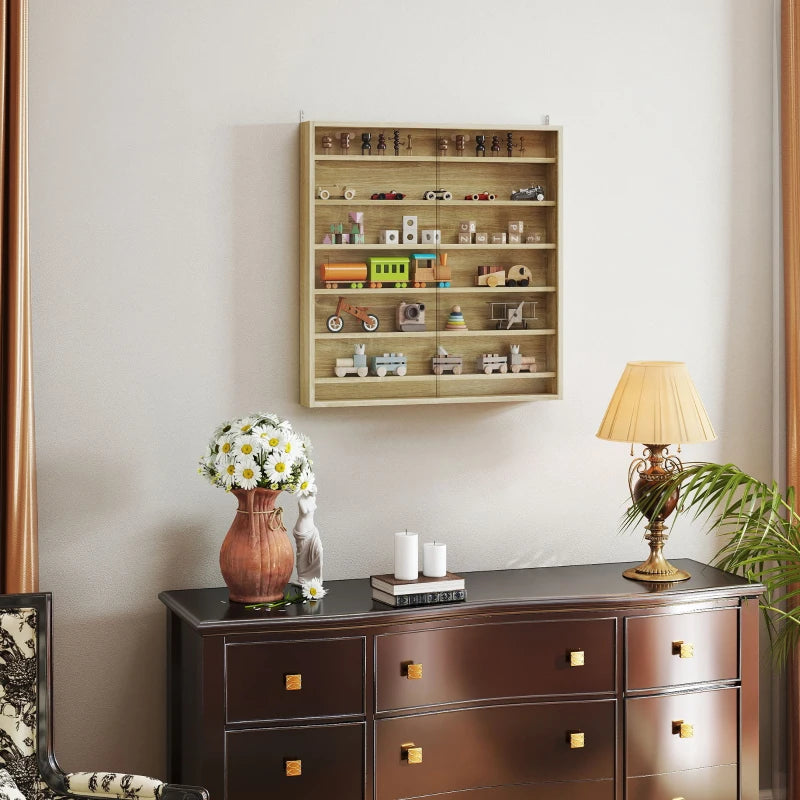 Elegant Oak Six Shelf Display Cabinet with Glass Doors - Perfect for Home Decor and Storage Solutions