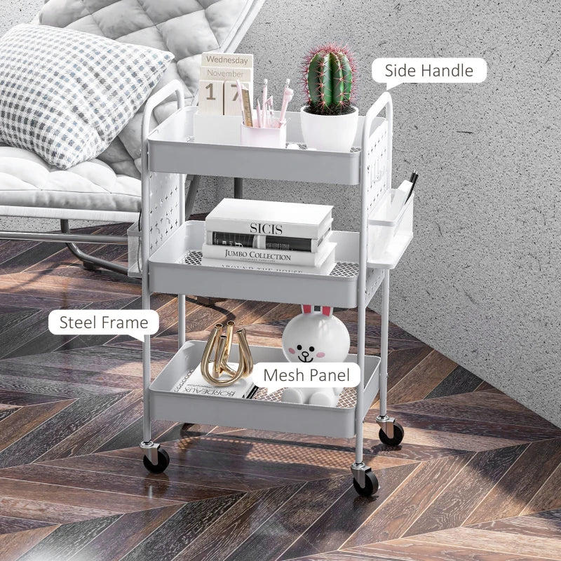 3-Tier Rolling Storage Trolley with Mesh Baskets, Hanging Boxes & Hooks - Versatile Utility Cart for Kitchen & Living Room - White