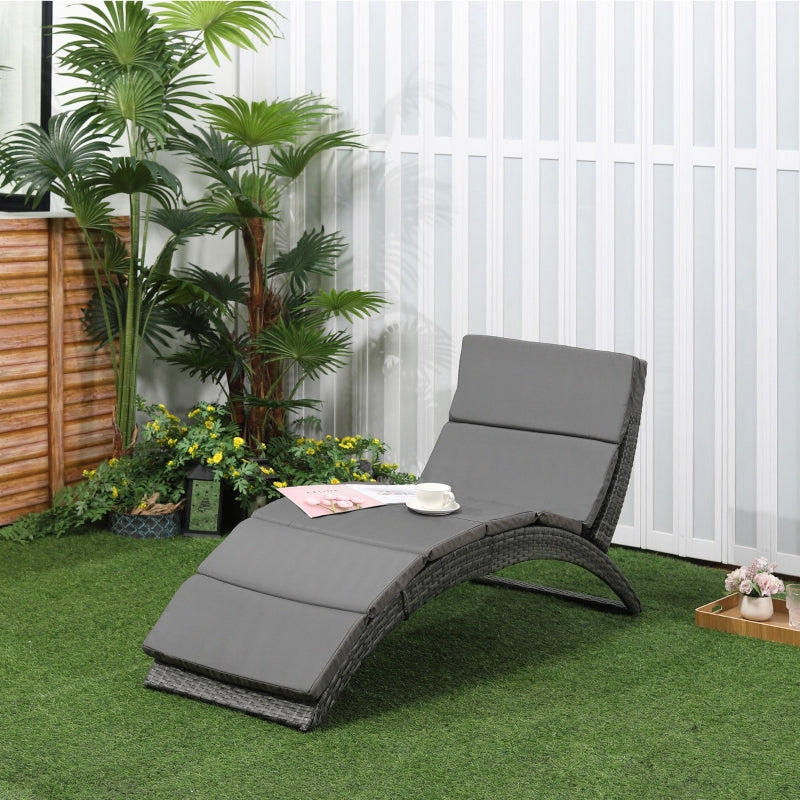 Grey Rattan Folding Sun Lounger with Cushion for Outdoor Relaxation