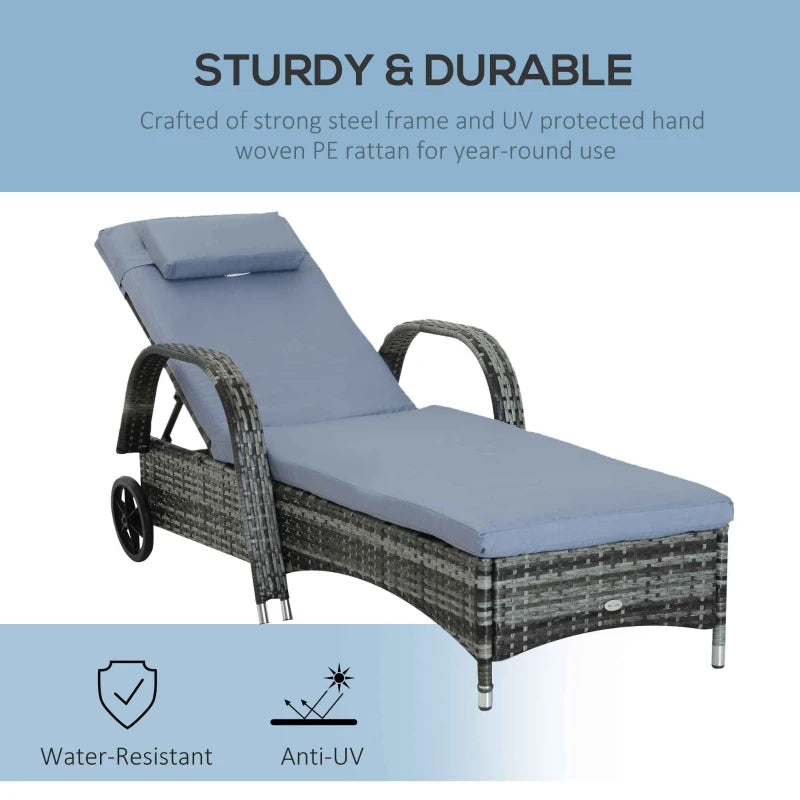 Grey Rattan Sun Lounger with Adjustable Headrest and Blue Cushion