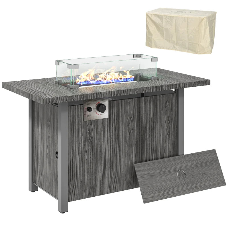 50,000 BTU Dark Grey Gas Fire Pit Table with Cover & Glass Screen - Outdoor Heating Solution