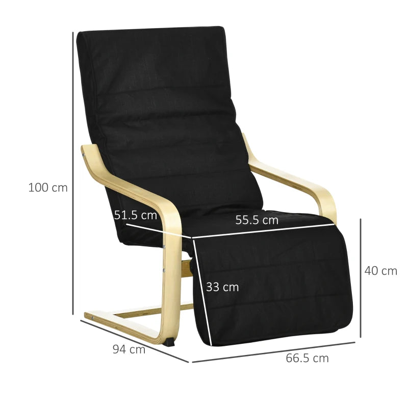 Wooden Reclining Lounge Chair with Adjustable Footrest and Removable Cushion Cover for Deck Relaxation, Black
