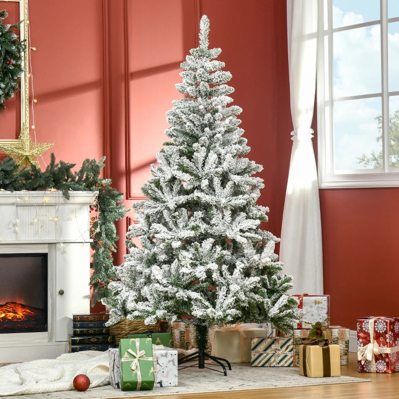 6 Ft Snow Flocked Artificial Christmas Tree - Realistic Pine with Auto Open & Steel Base - Festive Green Decor