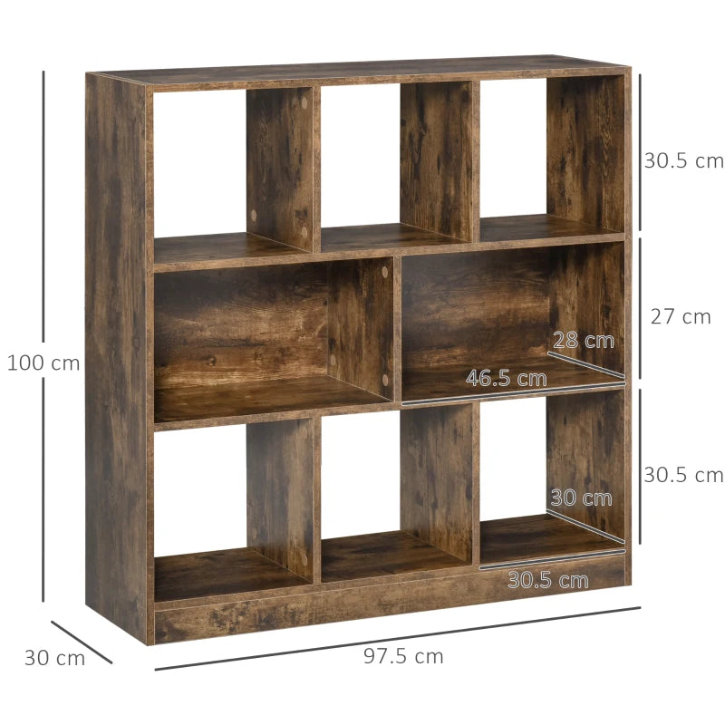 Rustic Brown 3-Tier Bookcase - Stylish Storage Shelf Unit with Open Compartments for Living Room, Bedroom, Office, 97.5 x 30 x 100 cm