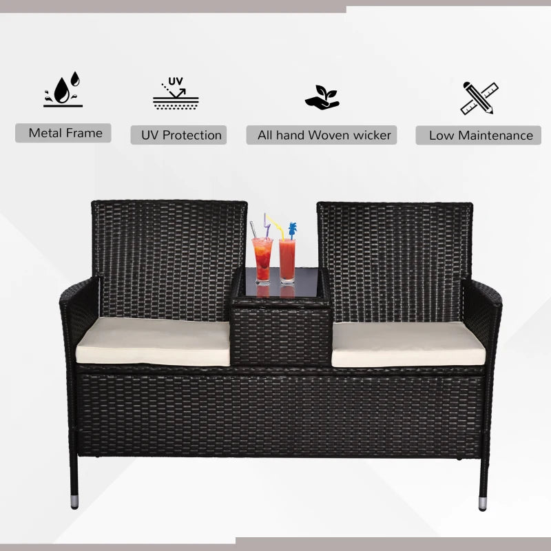 Dark Brown Rattan 2-Seater Outdoor Patio Loveseat with Drink Table