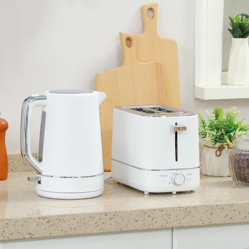 Premium 1.7L Fast Boil Kettle & 2-Slice Toaster Set - 3000W, 6 Browning Levels, Defrost & Reheat, Stylish White Kitchen Essentials