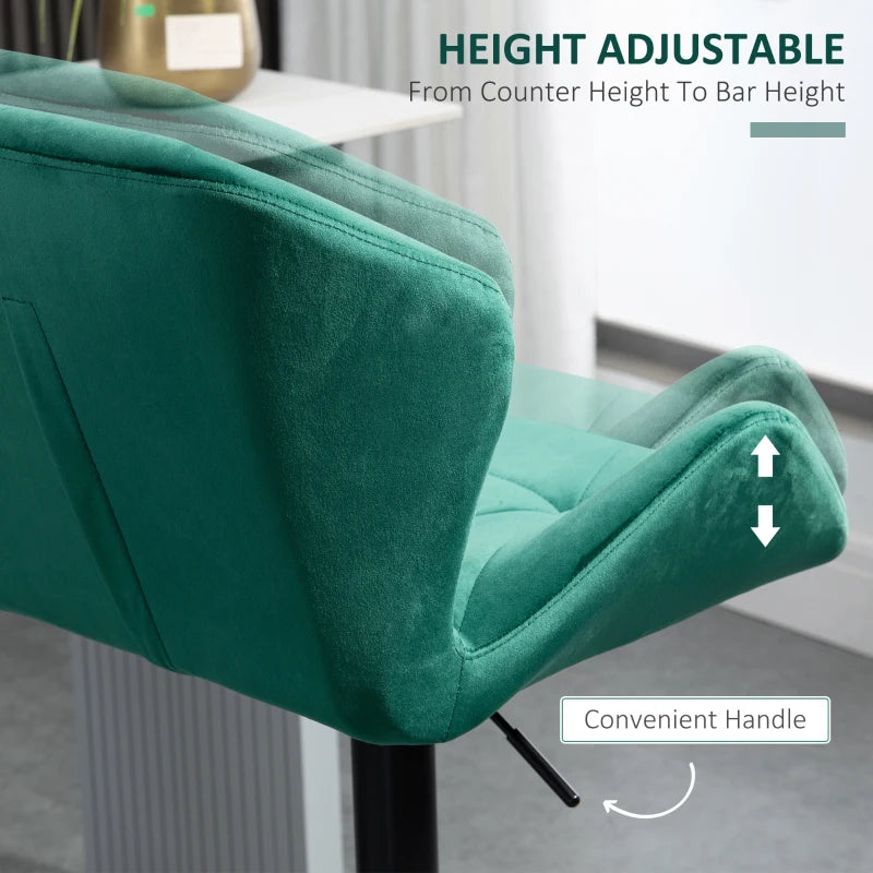 Set of 2 Velvet Bar Stools with Metal Frame Footrest, Adjustable Height, Stylish Green Color for Kitchen or Home Bar