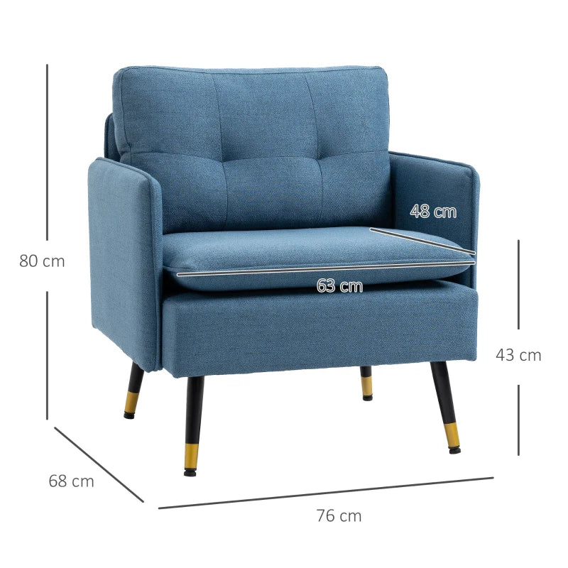 Modern Button Tufted Armchair with Cushions and Steel Legs - Dark Blue Accent Chair for Living Room or Guest Room