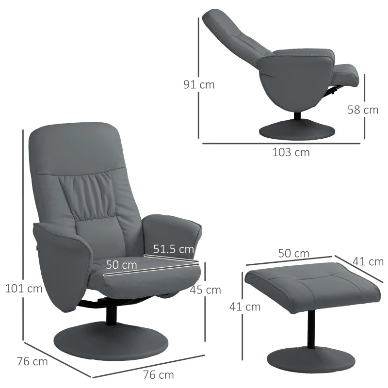 Stylish Grey Swivel Recliner Chair with Footstool - PU Leather Armchair for Living Room Comfort