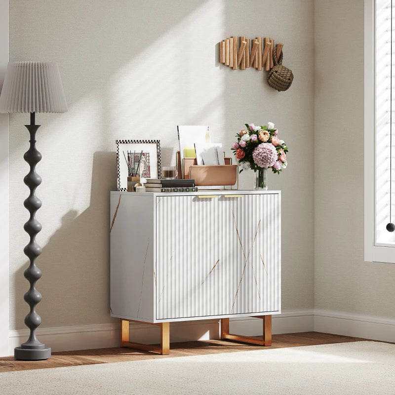 Elegant White and Gold-Tone Storage Sideboard - Modern Design for Living Room, Dining Room, or Entryway