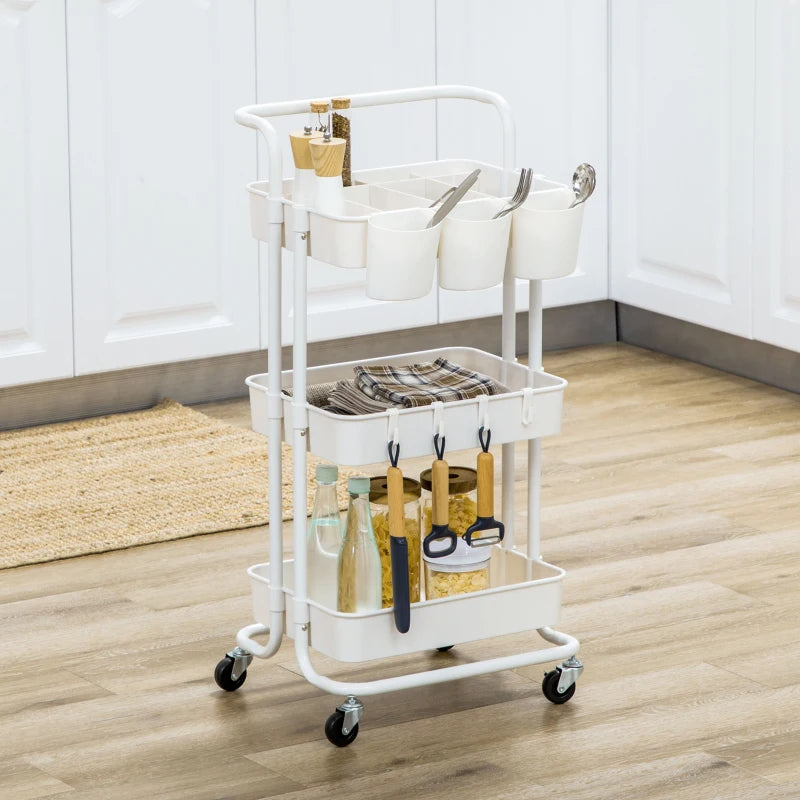 White Three-Tier Home Trolley with Handle and Wheels - Versatile Storage Cart for Kitchen, Living Room, and Office