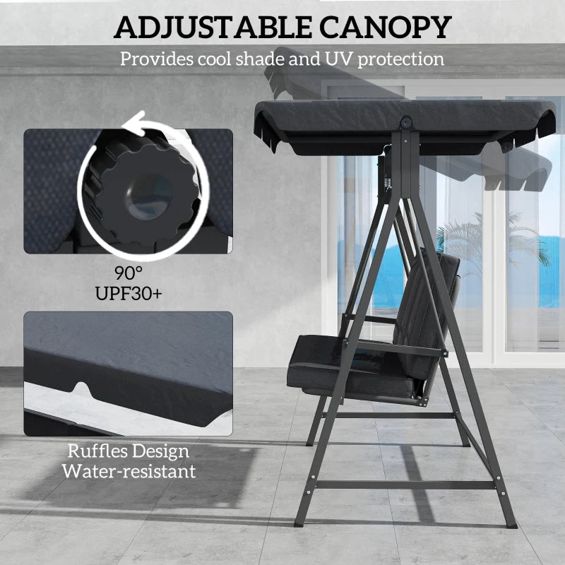 Dark Grey Three-Seater Garden Swing Bench with Adjustable Canopy for Outdoor Relaxation