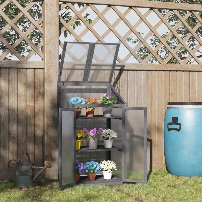 Grey Wooden Cold Frame Greenhouse with Openable Top Cover and Double Door, 70 x 50 x 120cm