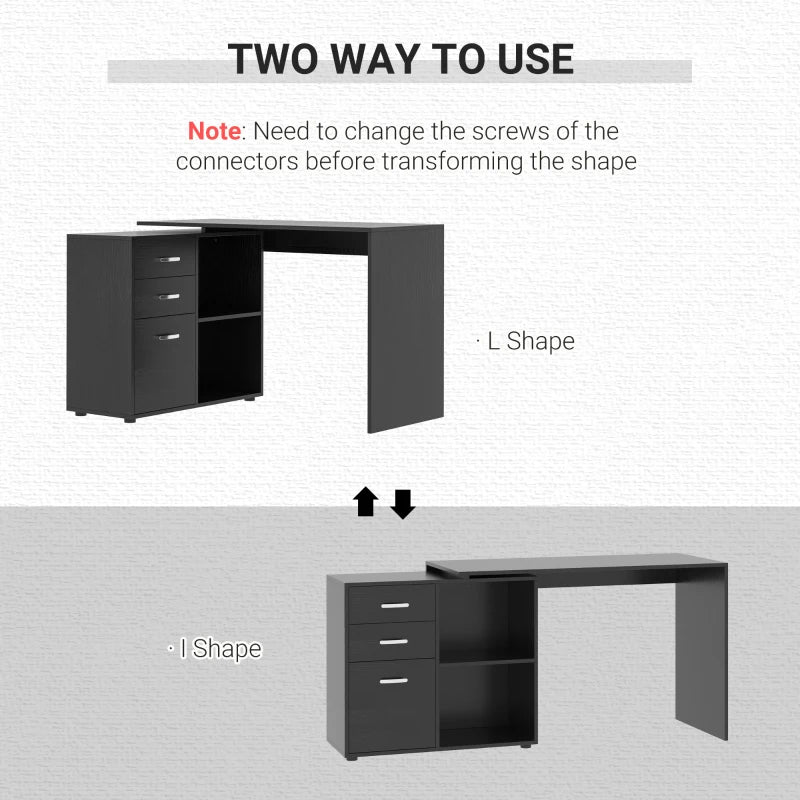L Shaped Computer Desk with Drawers & File Cabinet - Reversible Home Office Study Table, 117x83.5cm, Black