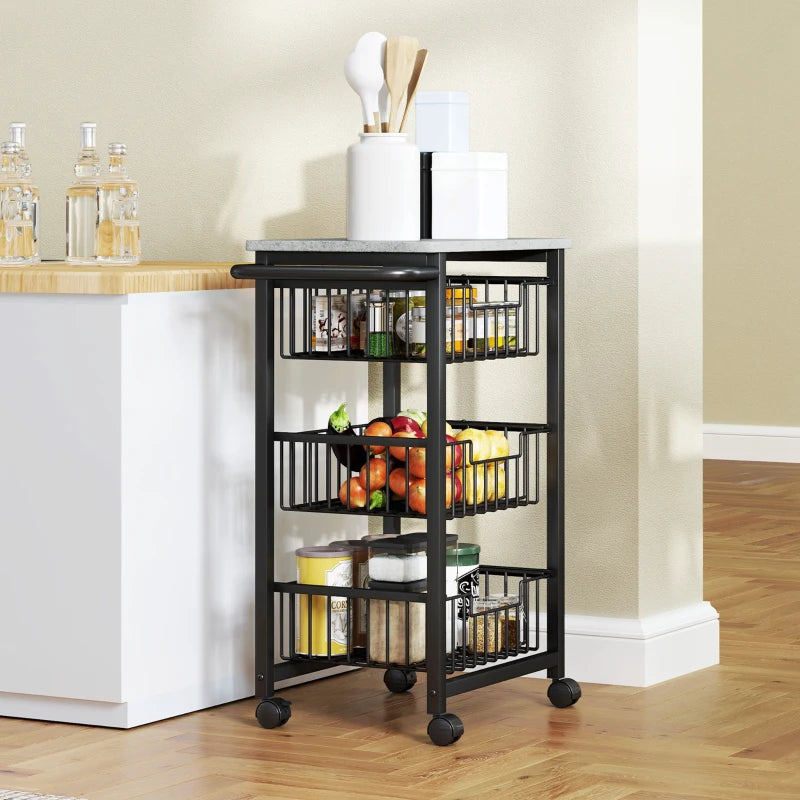 Three Basket Mobile Kitchen Island with Brakes - Stylish Grey/Black Storage Solution for Home Cooking and Dining