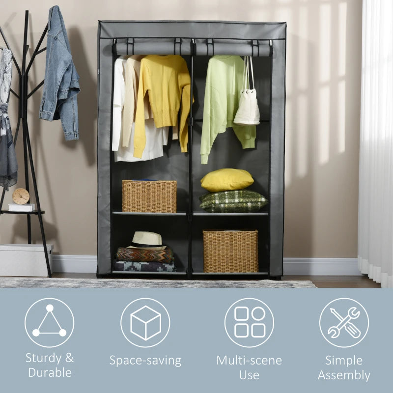 Light Grey Steel Frame Fabric Wardrobe with Rail and Shelves for Organized Storage
