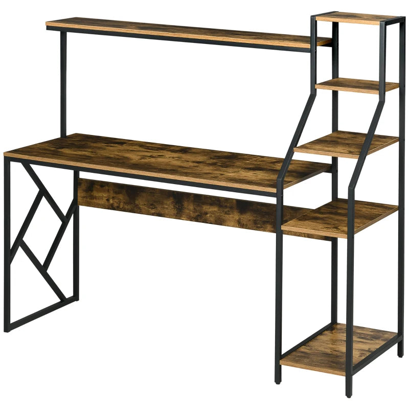 Industrial Computer Desk with Bookshelf - 6-Tier Storage Shelves for Home Office, Bedroom & Study - Rustic Brown, 150x55x138cm