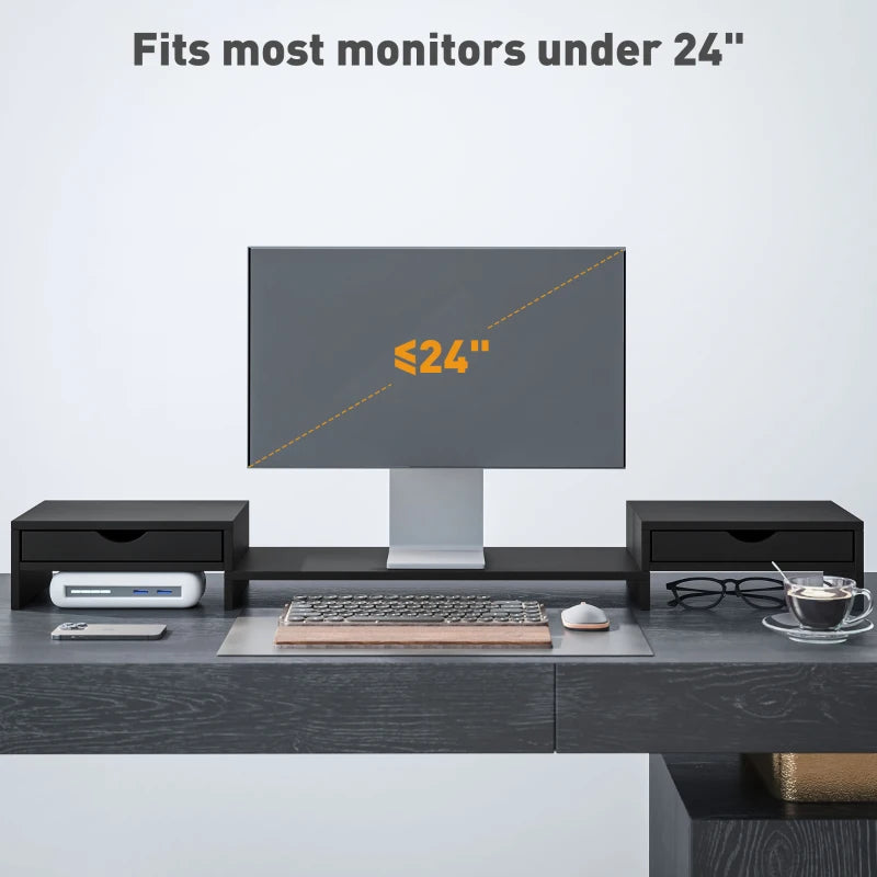 Dual Monitor Stand Riser with 2 Drawers - Adjustable Length & Angle, 116cm for Laptop, PC, Printer - Black