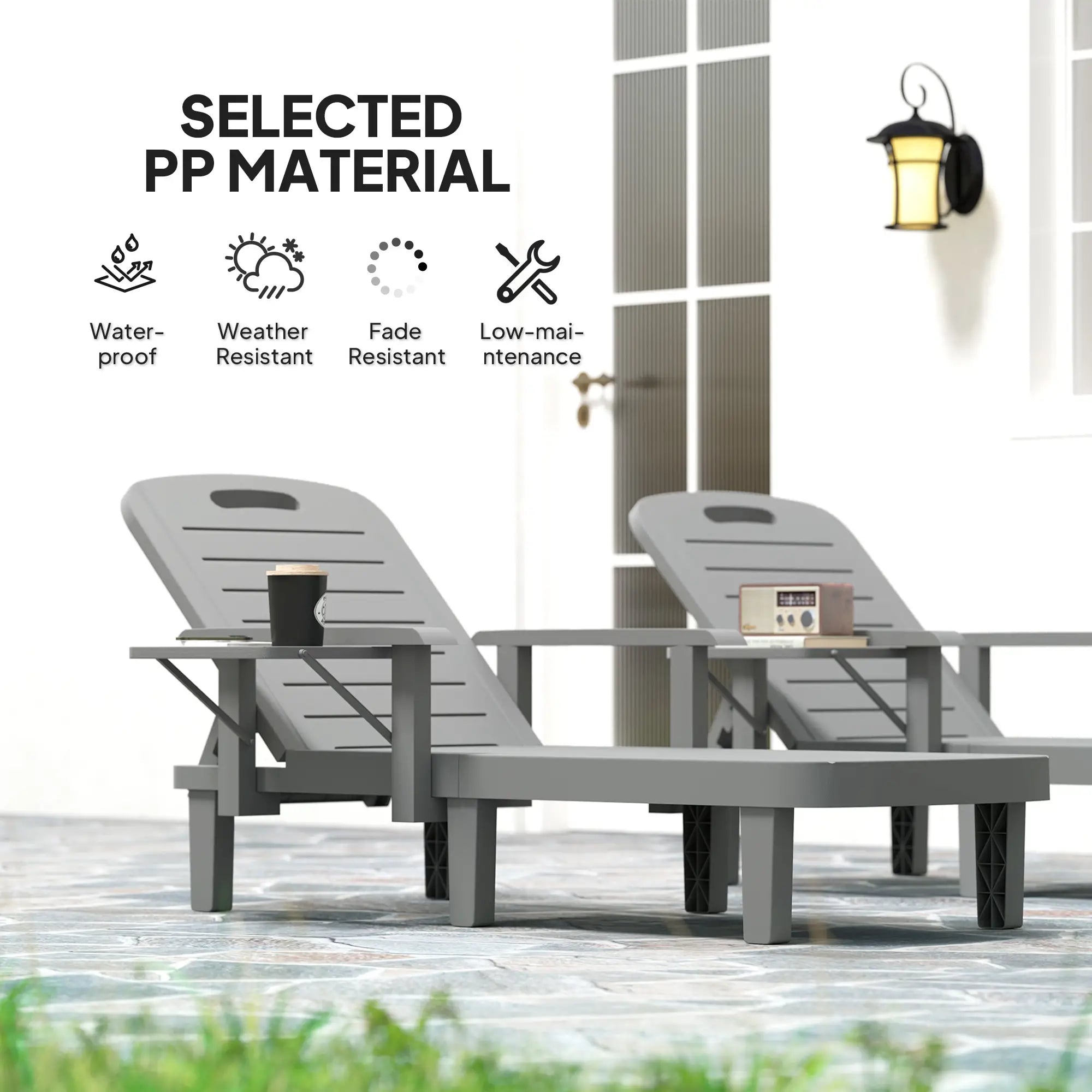 Set of 2 Resin Reclining Sun Loungers for Garden - 5 Positions - Outdoor Chaise Lounge Chairs with Wood Texture Surface, Armrests & Foldable Side Table