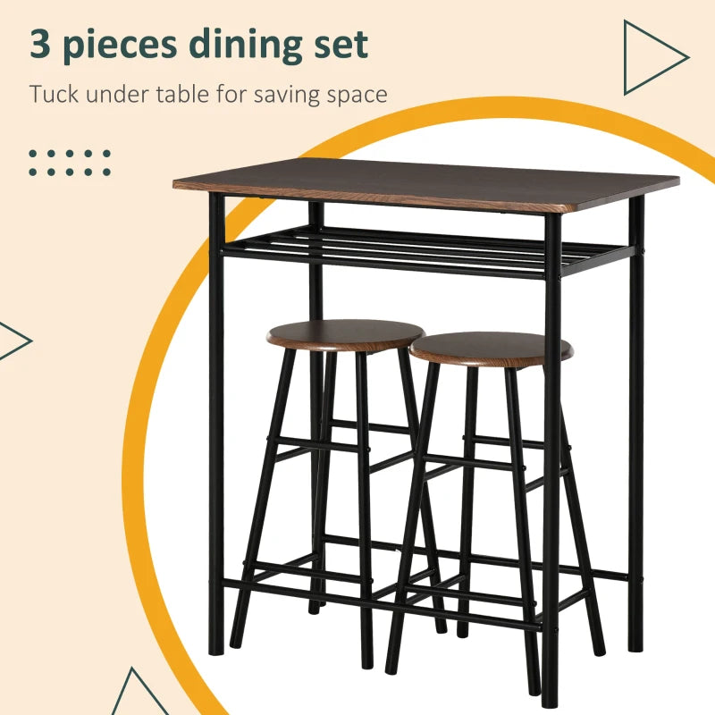 Stylish Black and Oak Bar Table Set with Stools, Footrest & Storage Shelf for Kitchen, Dining Room, Pub, Cafe