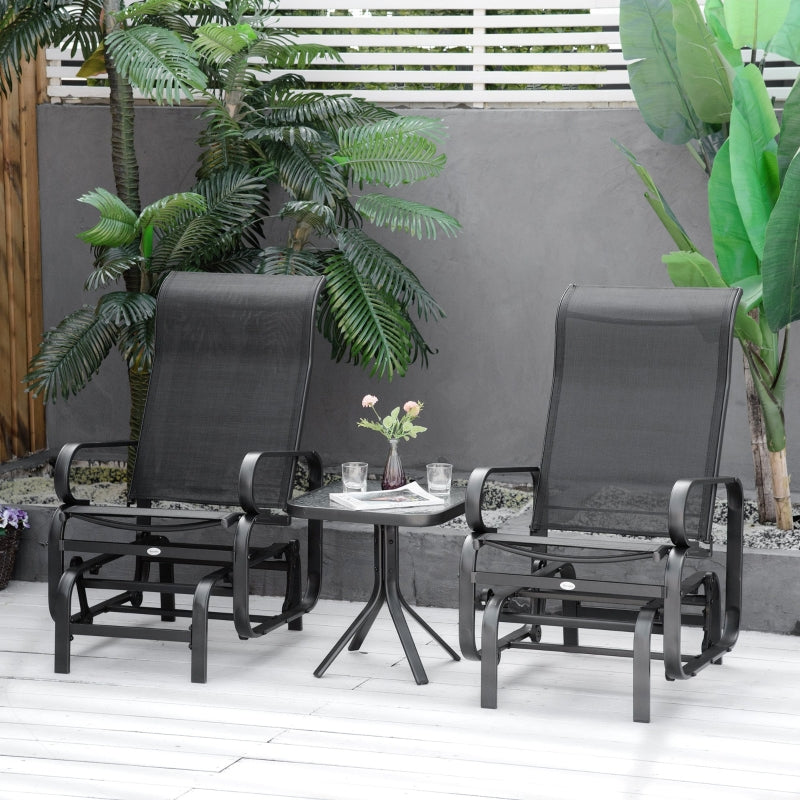 Black 3-Piece Metal Frame Gliding Chair Set with Glass Top Coffee Table