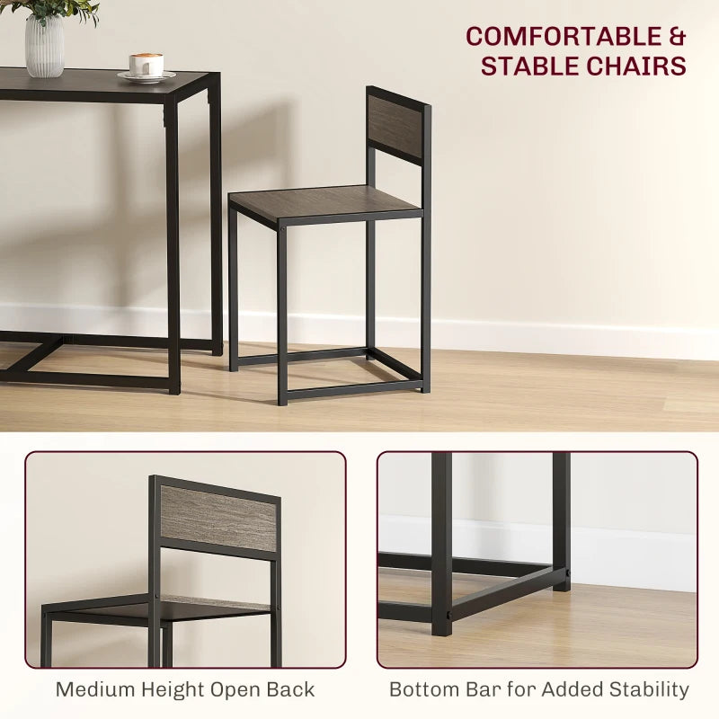 Compact Dining Table and Chairs Set for Small Spaces - Rectangular Steel Frame with Grey Wood-Effect Finish - 2-Piece Dining Room Set