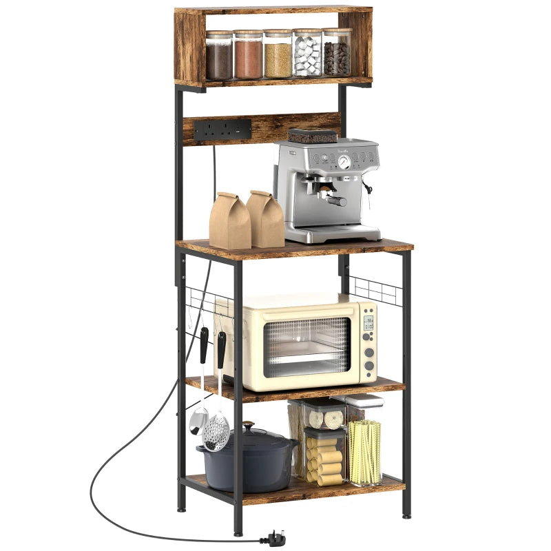 Rustic Brown Bakers Rack with Power Outlet & USB Charger - Adjustable Microwave Stand & Kitchen Storage Unit with 5 Hooks