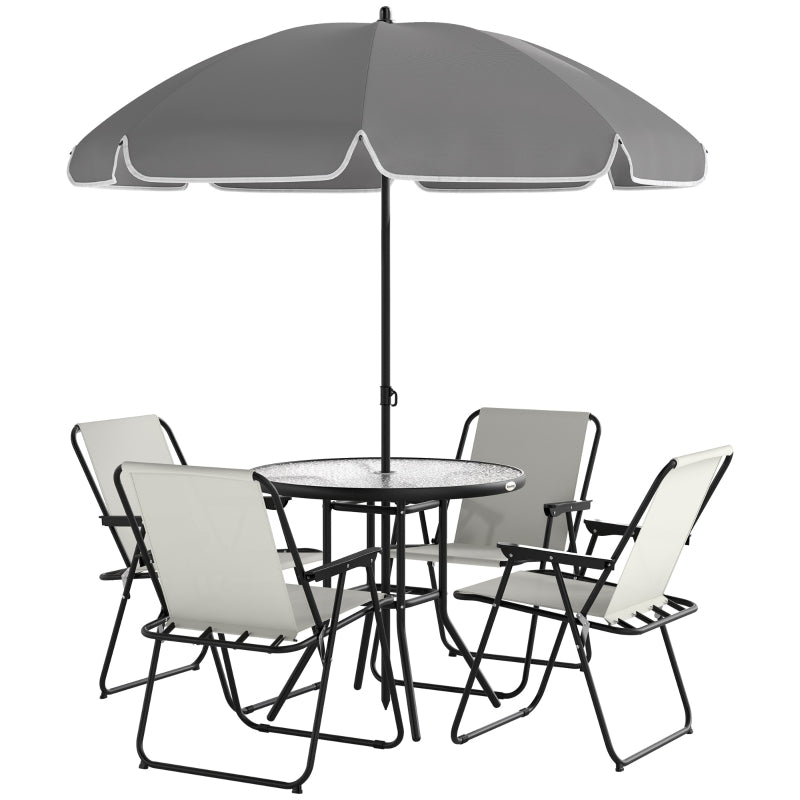 4 Seater Cream White Garden Furniture Set - 6 Piece Outdoor Dining Set with Folding Chairs and Round Glass Top Table, Includes Parasol for Patio