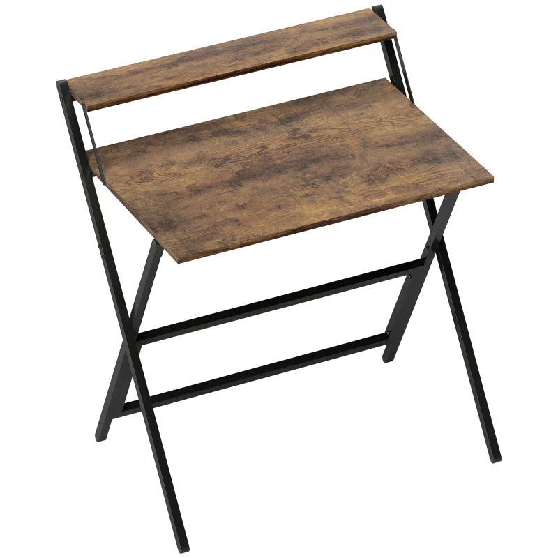 81.5 cm Rustic Brown Folding Computer Desk with Monitor Shelf - Space-Saving Home Office Furniture