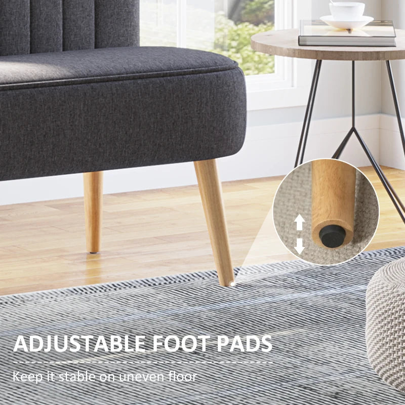 Modern Compact Double Seat Sofa Loveseat in Dark Grey with Padded Linen and Wooden Legs