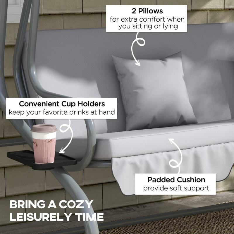 Three-Person Garden Swing Chair with Adjustable Canopy - Light Grey - Outdoor Patio Seating