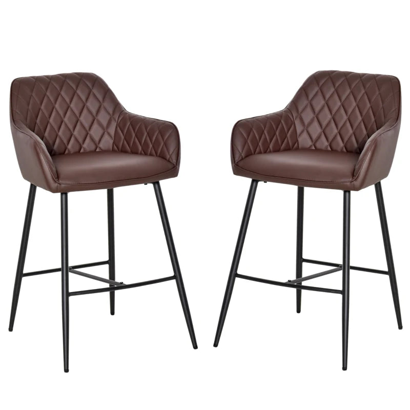 Set of 2 Retro PU Leather Bar Stools with Footrest - Stylish Metal Frame Dining Chairs in Brown