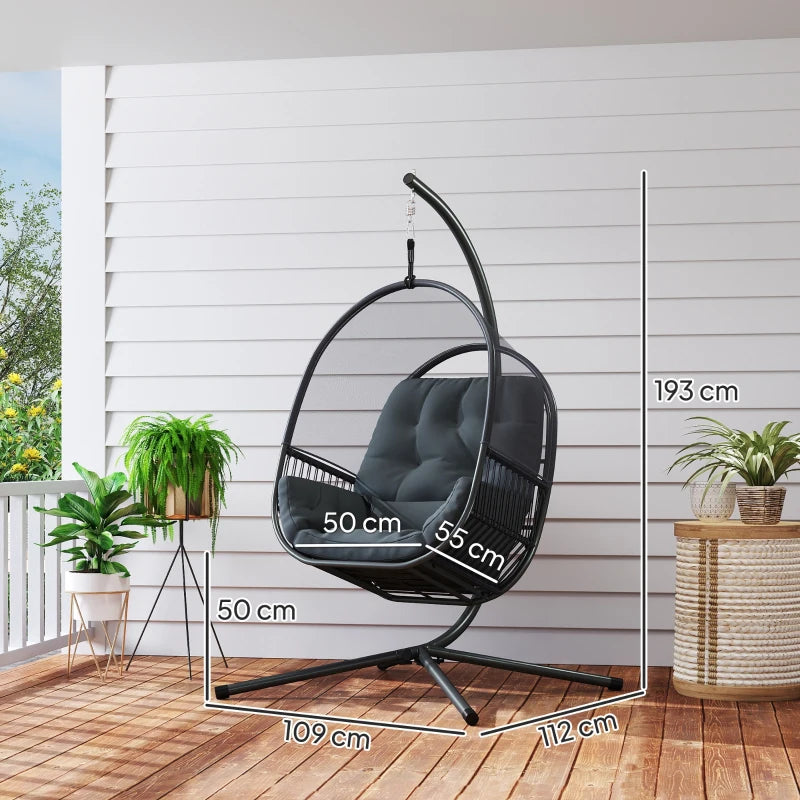 Hanging Egg Chair with Stand - Indoor Outdoor Swing Hammock, Cushions, Adjustable Height, Dark Grey