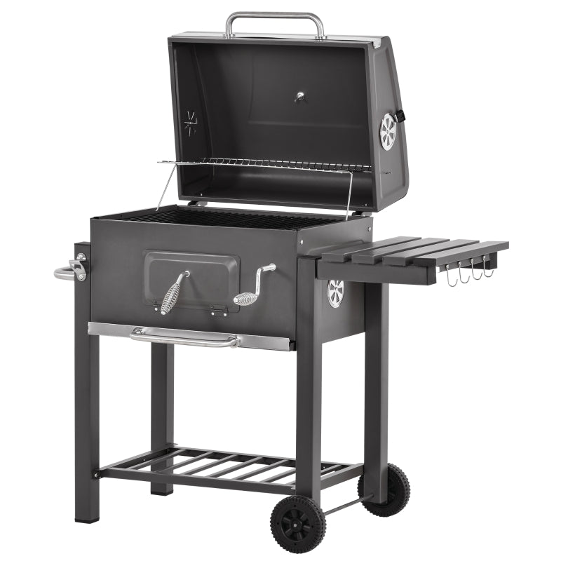 Charcoal BBQ Grill with Adjustable Grate, Smoker, Shelf, Wheels - Black