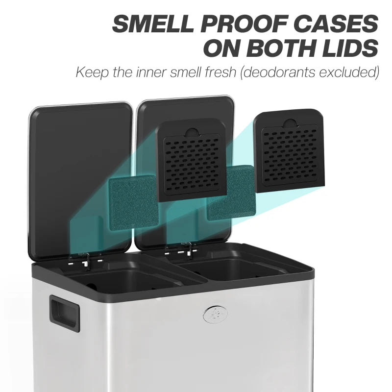 40L Dual Compartment Stainless Steel Trash Bin with Deodoriser Holders - Sleek Silver Tone for Kitchen & Office