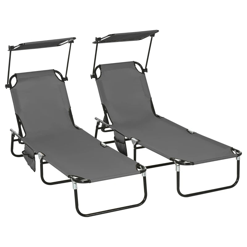 2 Piece Dark Grey Folding Sun Loungers with Canopy - Adjustable Recliner Garden Chairs with Side Pocket, Steel Frame and Breathable Mesh for Outdoor, Pool, Beach, Garden