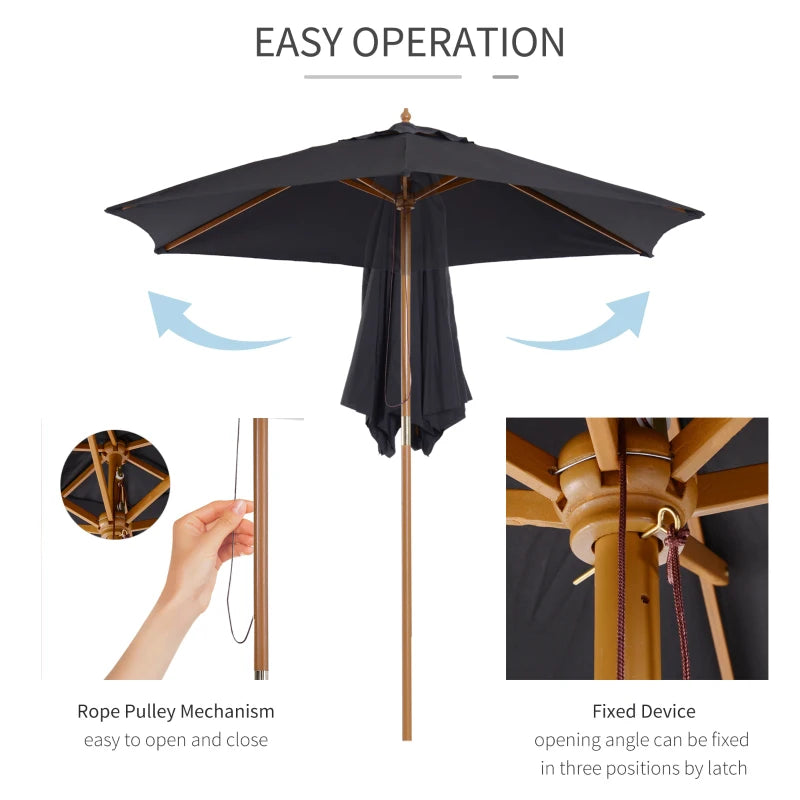Black 2.5m Wooden Garden Parasol Sun Shade