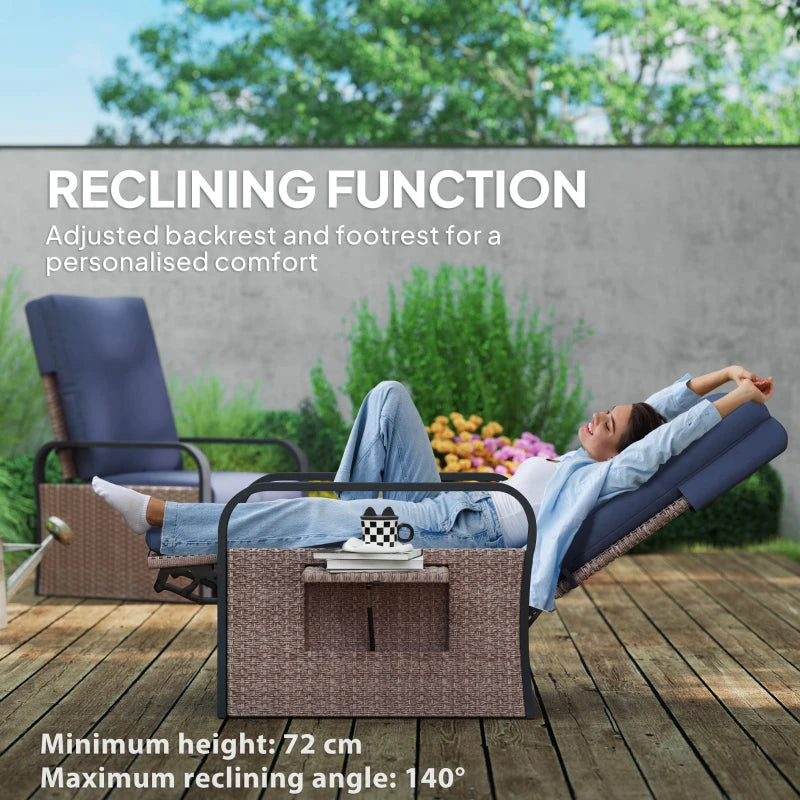140° Reclining Rattan Armchair - Comfortable Brown and Blue Outdoor Lounge Chair