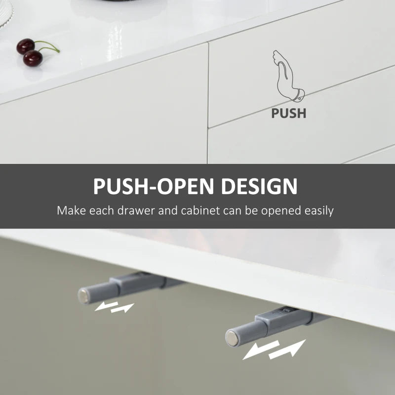High Gloss White Side Cabinet with Push-Open Design, 2 Drawers & 2 Cabinets, 74H x 117W x 36Dcm for Living Room