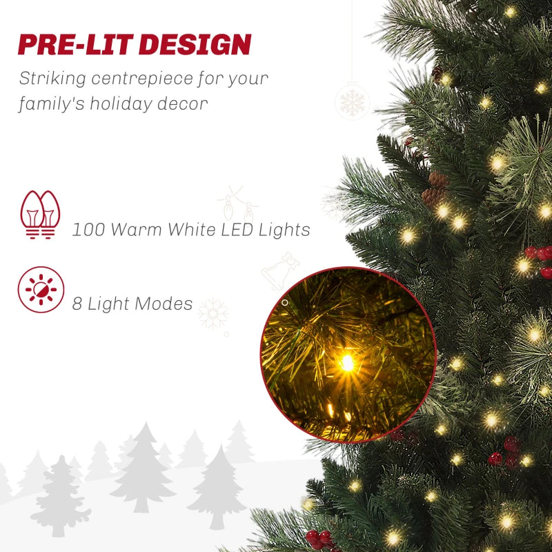 4ft Artificial Christmas Tree with 100 Warm White LED Lights, Red Berries & Pine Cones, 8 Modes, Retro Base